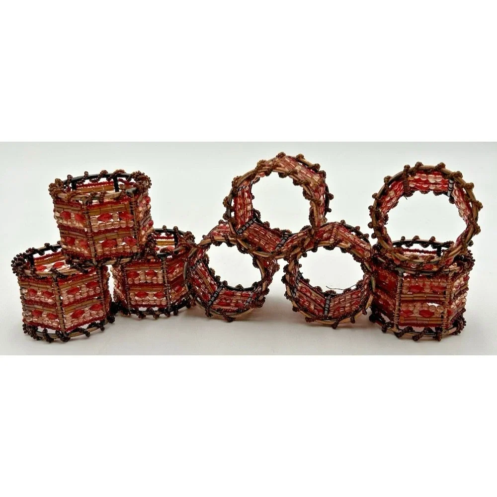 Pier 1 Set of 8 Moroccan Beaded Napkin Rings Red, Orange, and Amber Colored Bead